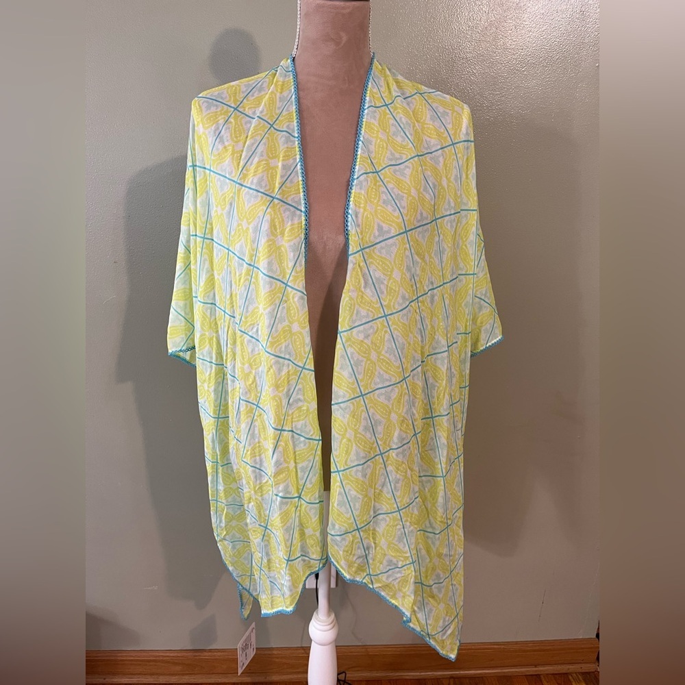 Echo Yellow and Blue Patterned Kimono Swim Cover Up NWT OS - Picture 2 of 6